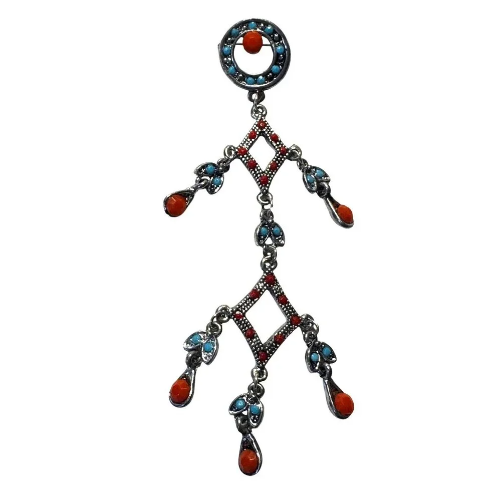 Southwestern Faux Turquoise & Coral Chandelier Brooch Silver-Tone 4 1/2" - Picture 1 of 6